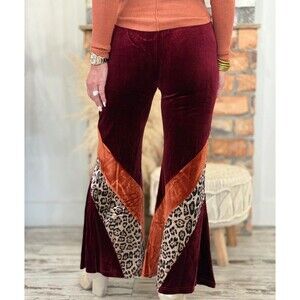 UMGEE Velvet Wide Leg Flare Pants Sz Large Pull On Animal Patchwork Boho Hippie
